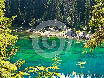 Karersee â€œLec de Ergobandoâ€ in the Dolomites Stock Photo